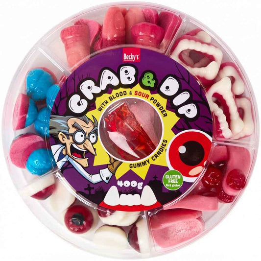 Plateau Halloween à Tremper : Bonbons Gélifiés Monstrueux + Faux Sang & Poudre Acidulée (400g) - Becky's